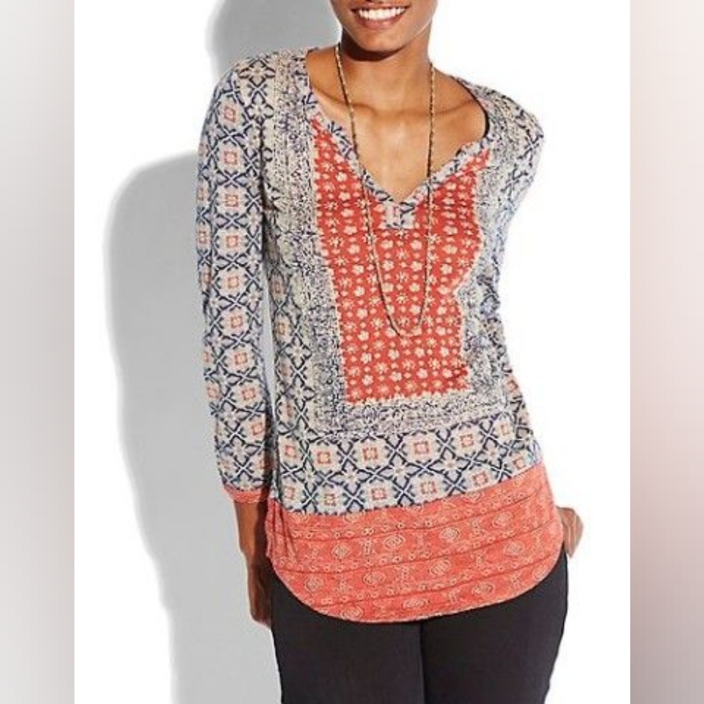 Lucky Brand Multi-Pattern Boho V-Neck Top in Coral and Navy